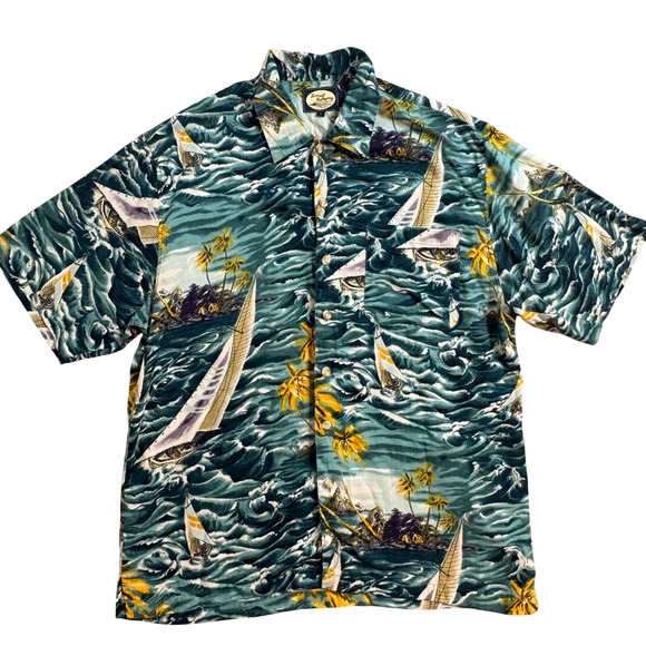 Tommy Bahama Other - Tommy Bahama Mens Large Rayon Sailboat Palm Tree Nautical Camp Shirt Teal Blue